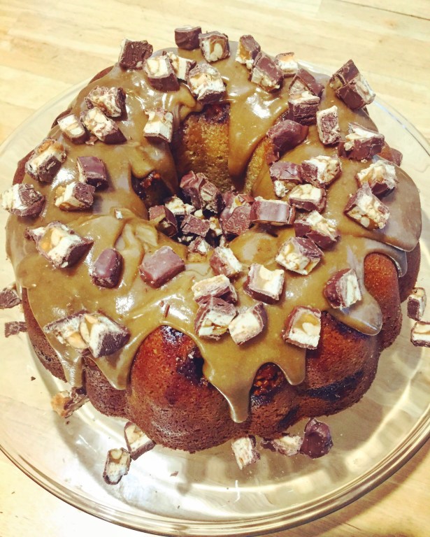 Brown Sugar Snickers Cake with Caramel Icing