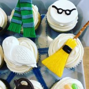 a Slytherin scarf, Harry Potter glasses, Hedwig and a broomstick