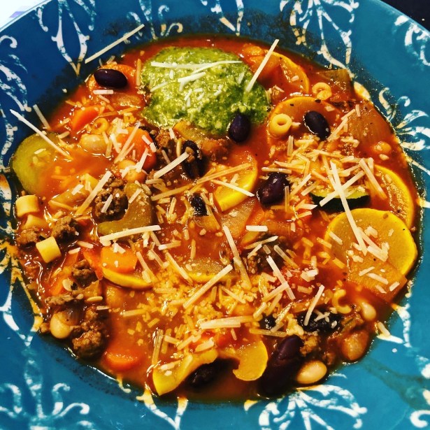 Minestrone Soup with Sausage and Pesto